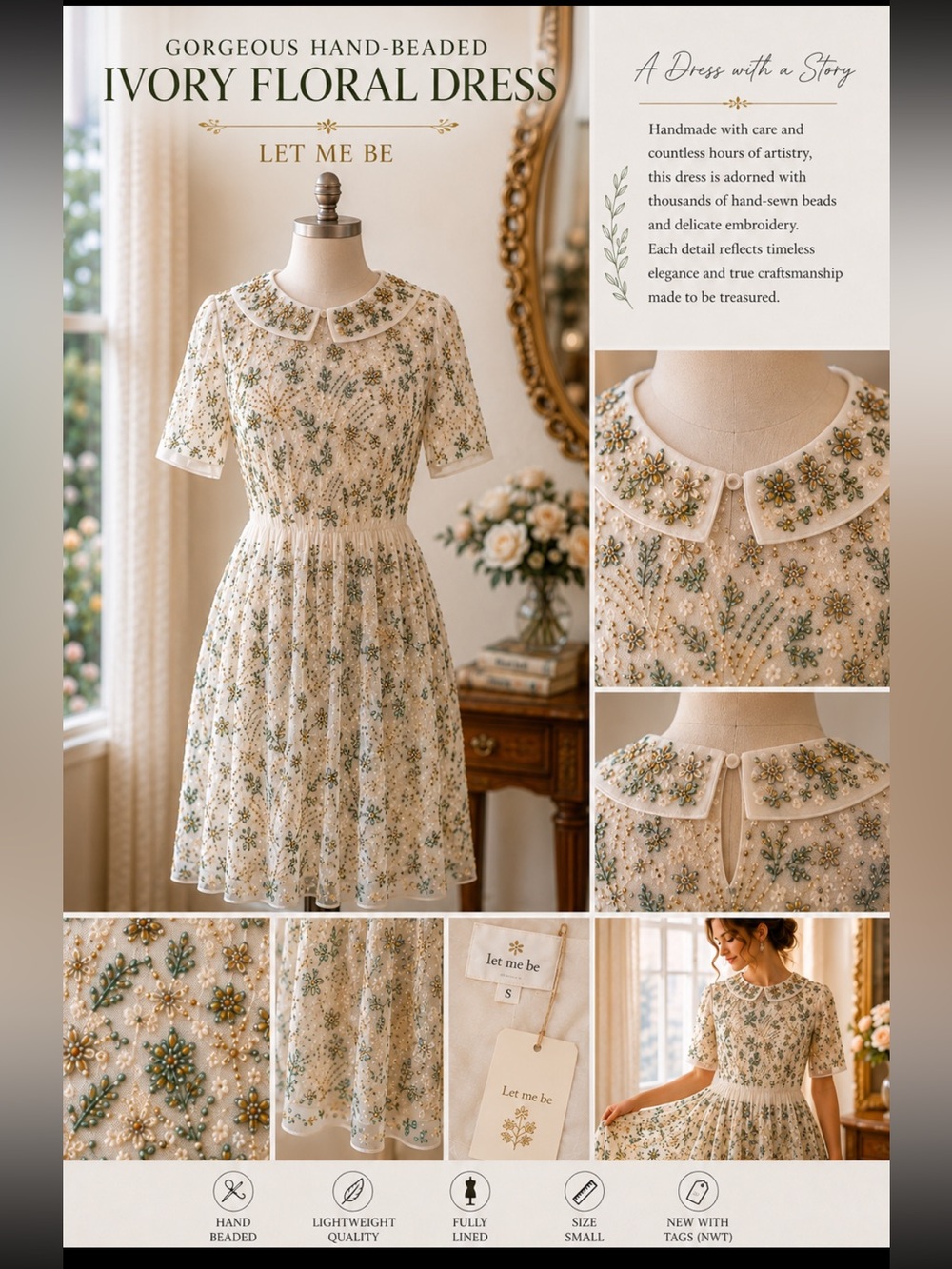 Hand Beaded Ivory Floral Dress NWT Artisan Embroidered Special Occasion Sz S